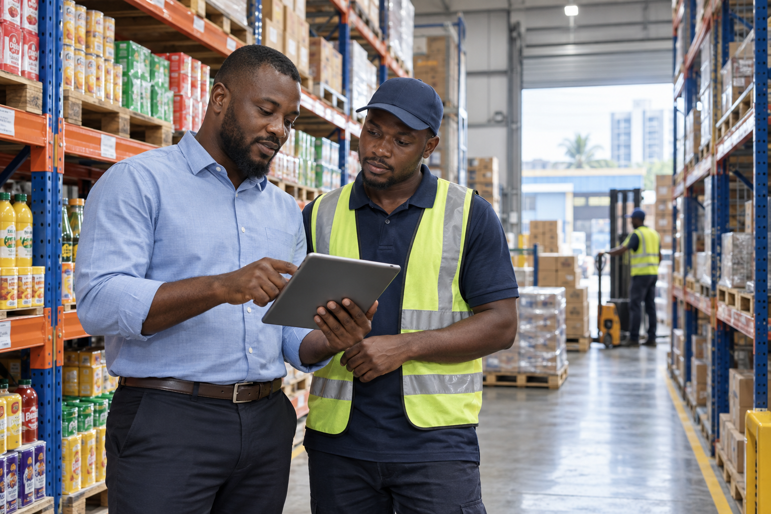 Équipe contrôlant le stock dans un entrepôt